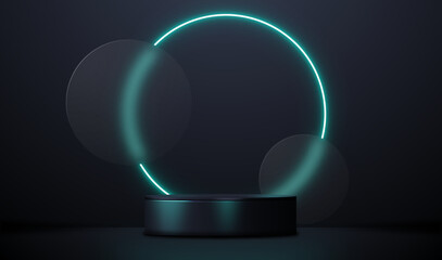 Cylinder pedestal podium. Glowing neon elements and black background. Vector rendering 3d shape for products display presentation. Pastel minimal wall scene, Studio room. Empty room background.