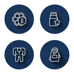 Set line Sale of honeycomb, Jar, Beekeeper costume and with long shadow. Blue circle button. Vector