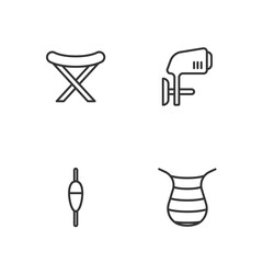 Set line Fishing net, float, Camping folding chair and Outboard boat motor icon. Vector