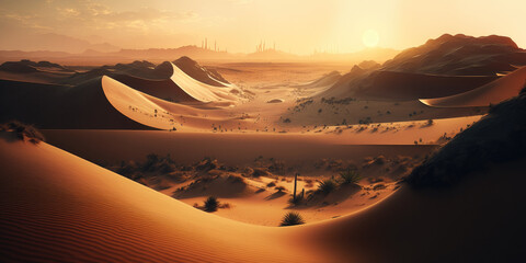 Fototapeta na wymiar futuristic desert landscape in panorama format created with Generative AI technology