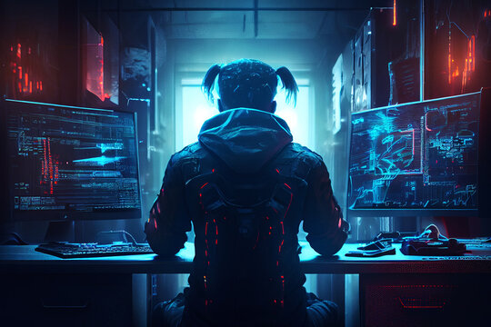 Computer crime. Hacker in sci-fi dark room with defocused computer monitors on background. Cyberpunk style. Not an actual real person.
Digitally generated image