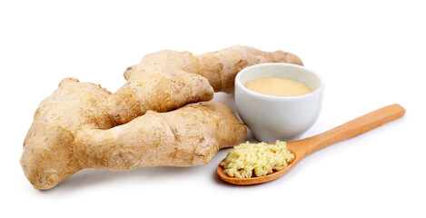 Composition with ginger powder and roots isolated on white background
