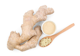 Composition with ginger powder and roots isolated on white background