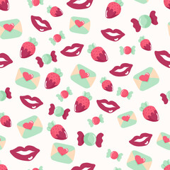 Seamless pattern with candy, strawberry and lips. For Valentine days.