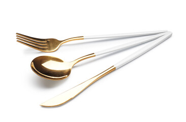 Set of stylish cutlery on white background