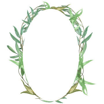 watercolor illustration, vegetable wreath with olive branches, Christmas card template, green leaves, place for text