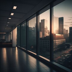 A sleek and modern office building, with floor-to-ceiling windows overlooking a bustling cityscape