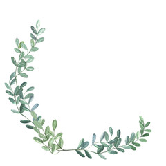 Hand drawn watercolor illustration. Botanical wreath of green branches and leaves. Spring mood. Floral Design elements. Perfect for invitations, greeting cards, prints, posters, packing etc