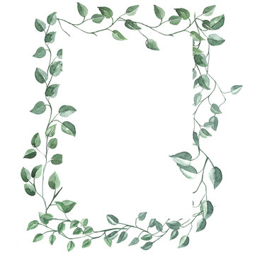 Watercolor wreath of ruscus branches. Hand painted vintage frame with rectangle shaped branches. Greeting card in eco style for Valentine's Day. Traditional evergreen frame. Christmas green wreath.