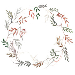 Watercolor Christmas floral wreath. Botanical frame with abstract plants decor Holiday illustration isolated on white background