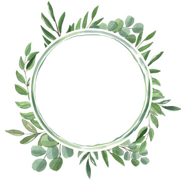 Watercolor frame with tropical olive and eucalyptus branches. Greenery. Succulent. Floral Design element. Perfect for invitations, cards, prints, posters