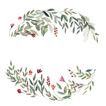Watercolor frame with tropical leaves and red berries. Greenery. Floral Design element. Perfect for invitations, cards, prints, posters, place for text
