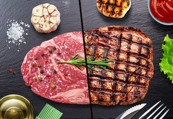 Conceptual image with raw and cooked barbecue ribeye steak.