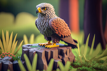 Falcon, animals made of 3d cubes, voxel illustration for video games or illustrating 3d animation and vfx studios, created with Generative AI technology