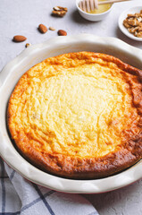Cottage Cheese Casserole, Delicious Homemade Baked Dessert on Grey background