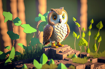 Owl, animals made of 3d cubes, voxel illustration for video games or illustrating 3d animation and vfx studios, created with Generative AI technology