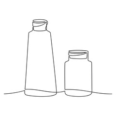Set of medicine container, pill bottle, vitamins and supplements jar. Pharmaceutical packaging. One line continuous drawing vector illustration. Health care product, medical concept.