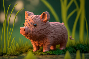 Pig, animals made of 3d cubes, voxel illustration for video games or illustrating 3d animation and vfx studios, created with Generative AI technology
