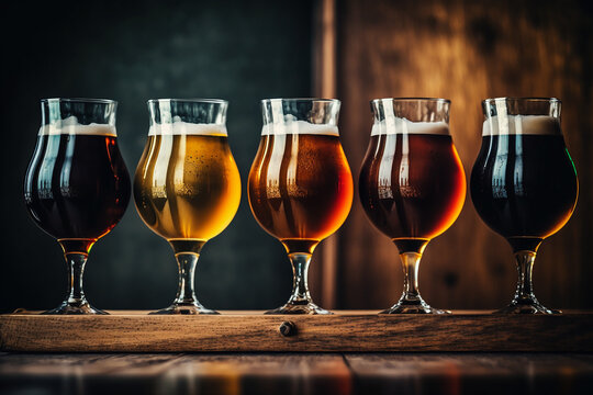 Glasses of different types of draught beer in a pub. Illustration Generative AI