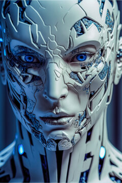 humanoid looking cyborg robot head with blue led electronic parts and circuits, satin white armor parts, created with Generative AI technology