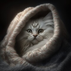 Small white and light brown cat, wrapped in soft white and rosella color fluffy knit