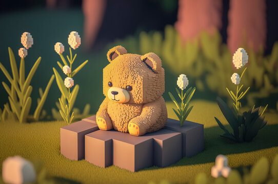 Bear, animals made of 3d cubes, voxel illustration for video games or illustrating 3d animation and vfx studios, created with Generative AI technology