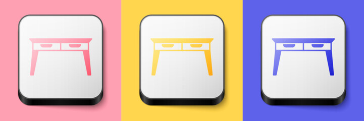 Isometric Office desk icon isolated on pink, yellow and blue background. Square button. Vector
