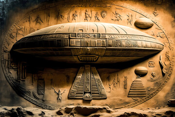 Old Egyptian hieroglyphs with UFO Aliens on ancient background. Concept humanoid Flying saucer history of Earth. Generation AI - obrazy, fototapety, plakaty