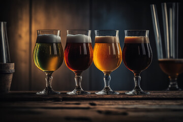 Glasses of different types of draught beer in a pub. Illustration Generative AI