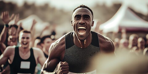 A finish photo of a black man entering the finish line. Generative AI.3