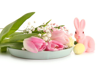 Composition with beautiful spring flowers, Easter egg and toy bunny on white background, closeup