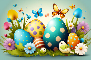 easter eggs with butterflies on background
