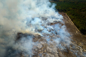 Aerial view of white smoke from forest fire rising up polluting atmosphere. Natural disaster concept