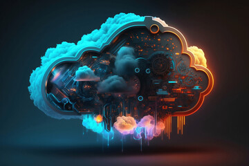 Cloud computing technology concept. Futuristic neon cyberpunk illustration