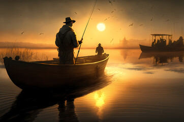 Fishing sport. Fisherman from boat with sunlight. Generation AI
