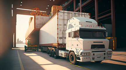 Container trucks and cargo ship, sunlight. Industrial port, International logistics center warehouse, transport industry. Generation AI