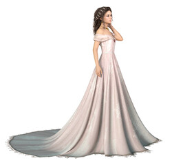 Woman standing in long formal elegant dress with train isolated. 3D rendering. - 569334926