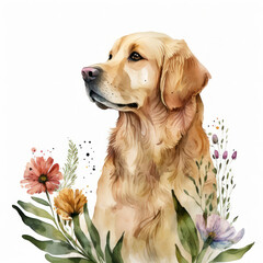 portait of golden retriever with flowers on white background, Summer watercolor postcard with animals, generative AI