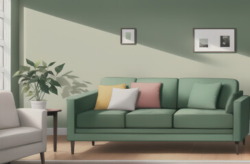 Modern living room with sofa, pillows, poster. Home decor template, generative AI