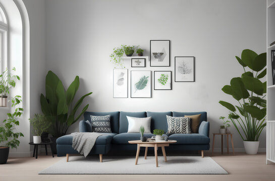 Modern interior with blue sofa, plants. Table and posters on white wall. Wooden accessories. Home decor. Generative AI