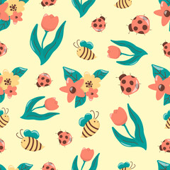 Easter seamless pattern with tulip, flowers, bee and ladybug. Hand draw style. On a warm background.