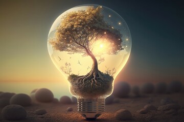 Tree in light bulb. Clean energy symbol. Environmental conservation. Ecological Concept. Generative AI