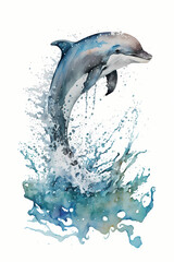 Watercolor Dolphin jumping out of Water, isolated animal white background - Illustration generativ ai 