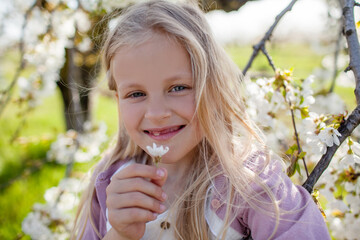 A beautiful blonde girl walks in the garden among flowering trees on a sunny day. The female child dressed white sunfress in spring dy