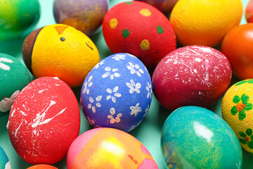 Painted Easter eggs as background, closeup