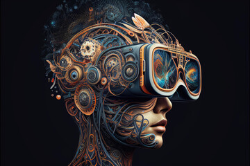 Steampunk cyborg wearing vr helmet on dark background. Virtual simulation and metaverse concept. Retro player character in computer game interface. Created with generative AI
