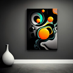 A colorful abstract art hanging in a minimalist setting with dramatic lighting on a  gray wall