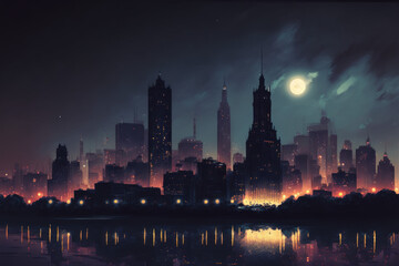 Fototapeta na wymiar skyline city at night Generative AI, Generativ, KI