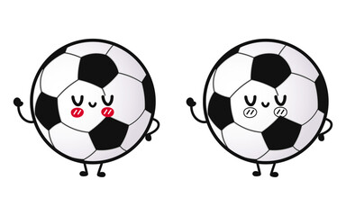 Funny cute happy Soccer ball characters bundle set. Vector hand drawn cartoon kawaii character illustration icon. Cute Soccer ball. Outline cartoon illustration for coloring book