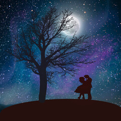couple in the night with the silhouette of a tree and the moon in the background